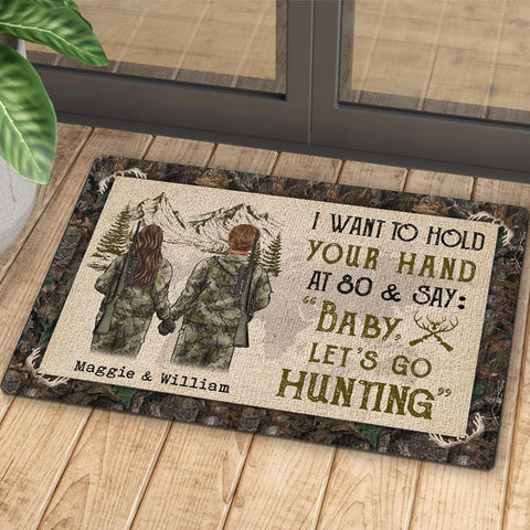I Want To Hold Your Hand At 80 & Say Baby Let's Go Hunting - Gift For Hunting Couples, Personalized Decorative Mat