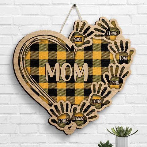 Grandma Plaid Heart And Hand Prints - Gift For Mom, Grandma - Personalized Shaped Wood Sign