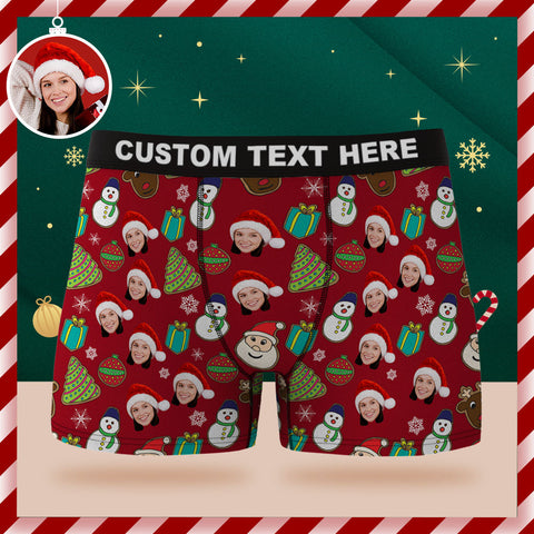 Custom Face Boxer Briefs Personalized Red Underwear Santa Claus Snowman and Elk Merry Christmas Gift for Him