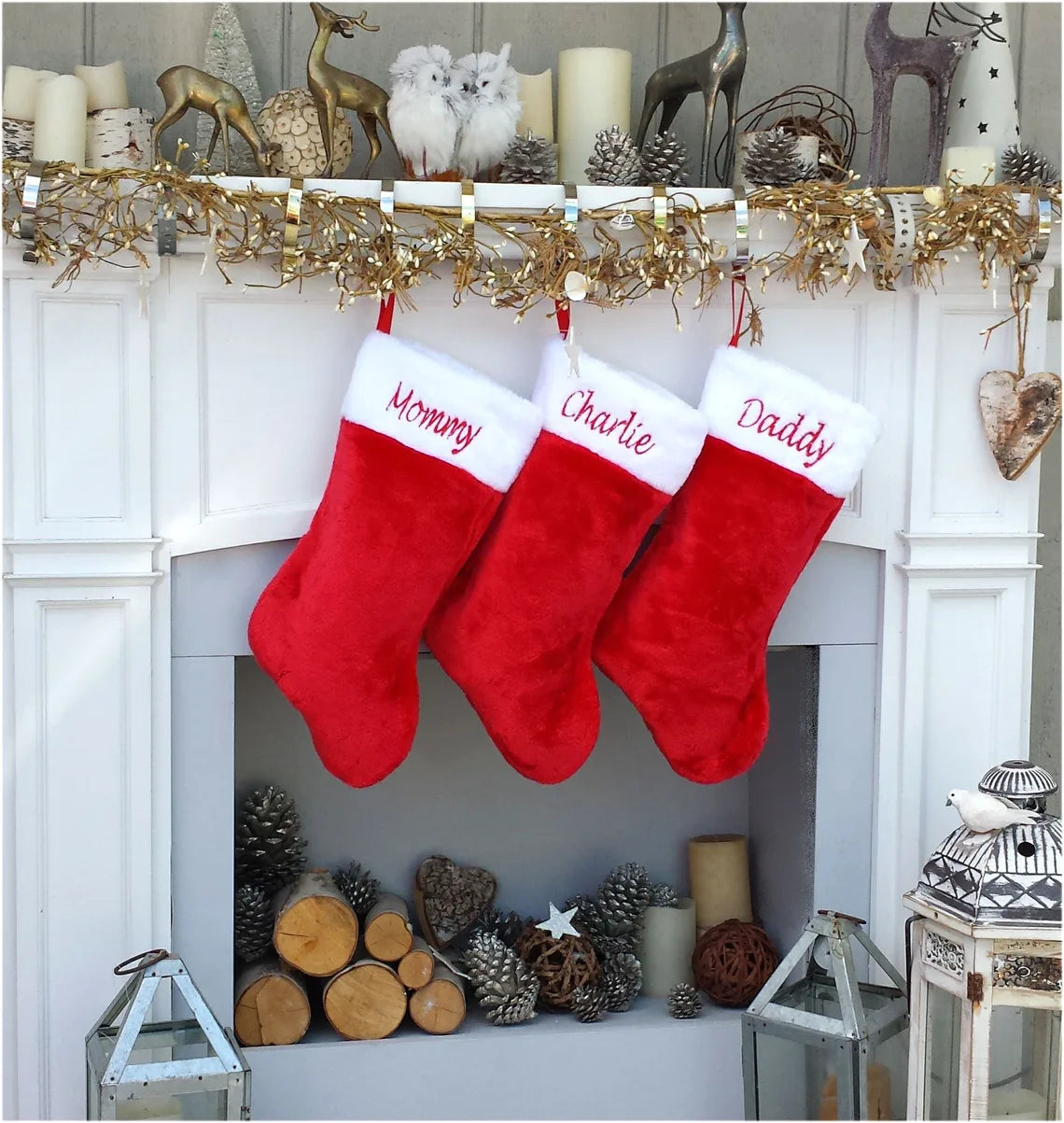 Red white plush embroidered Christmas stocking - Personalized Embroidered